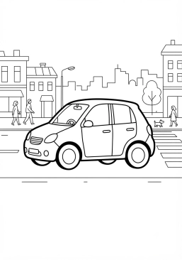 Malvorlage Modernes Stadtauto in einer belebten Straße