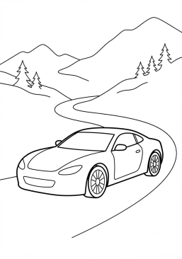 Malvorlage Sportwagen auf einer kurvigen Bergstraße