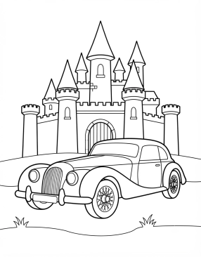 Malvorlage Elesantes Auto vor einem großen Schloss