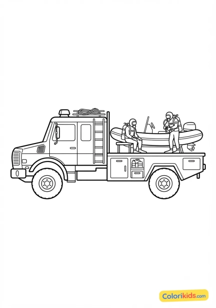 Coloriage à imprimer : camion transporteur de bateaux et de plongeurs sauveteurs