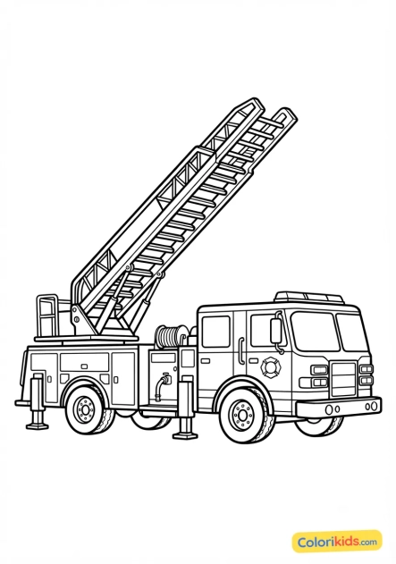 Coloriage à imprimer : camion de pompier rouge vif avec grande échelle pivotante