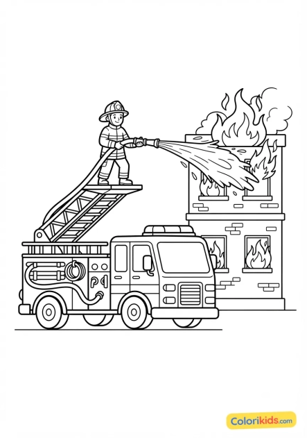 Coloriage à imprimer : camion tirant de l'eau sur un immeuble en feu