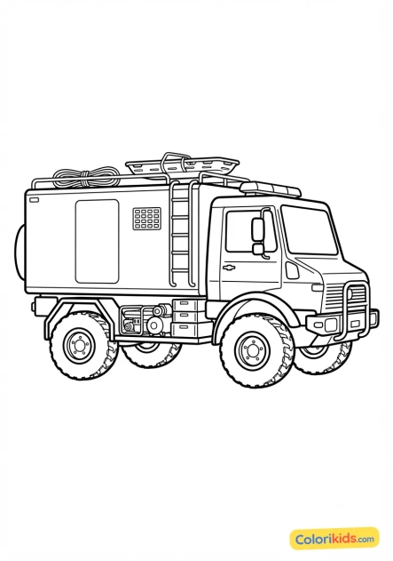 Printable coloring page: mountain and hazardous environment rescue truck