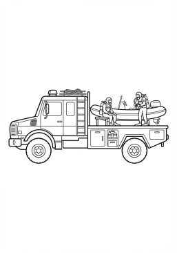 Voir le coloriage Camion transporteur de bateaux et de plongeurs sauveteurs