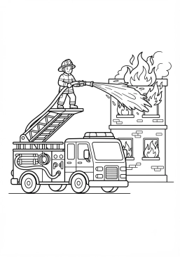 Voir le coloriage Camion tirant de l'eau sur un immeuble en feu