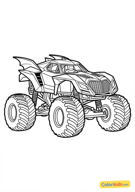 Coloriage à imprimer : monster truck noir mat style Batmobile agressive
