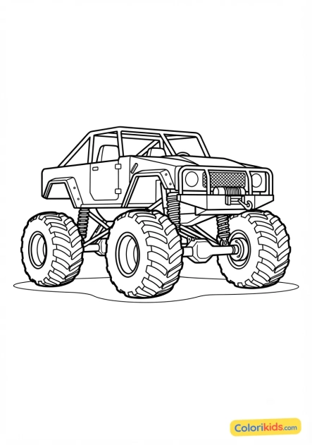 Coloriage à imprimer : monster truck vert armée prêt pour le trial