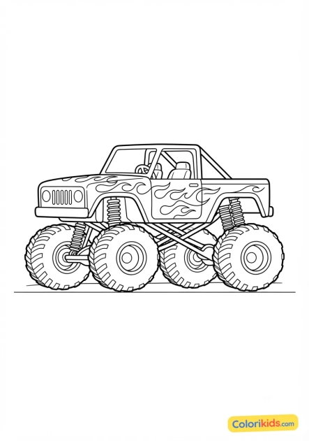 Coloriage à imprimer : monster truck jaune vif avec un motif de flammes