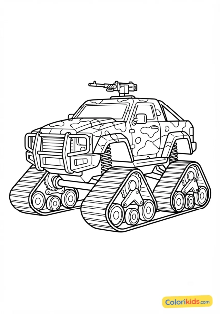 Coloriage à imprimer : monster truck militaire camouflage avec des chenilles