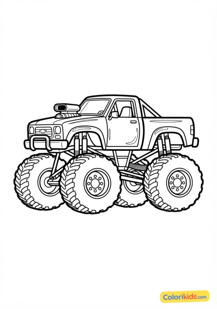 Coloriage à imprimer : monster truck chromé réfléchissant la lumière du soleil