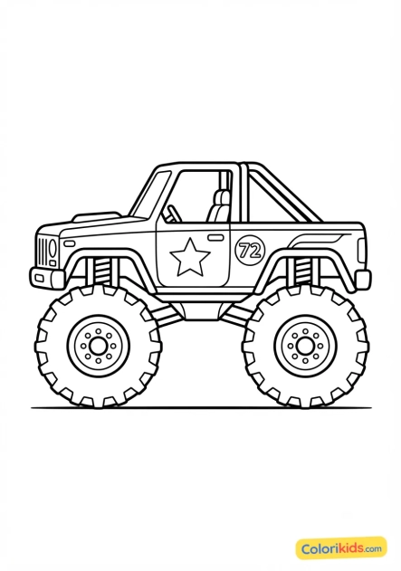 Coloriage à imprimer : monster truck bleu électrique avec des roues surdimensionnées