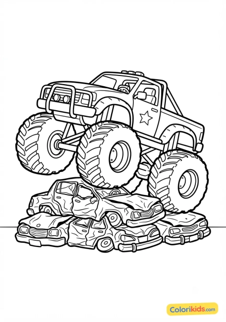 Coloriage à imprimer : monster truck rouge géant écrasant des voitures
