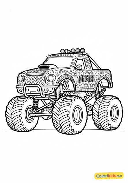 Coloriage à imprimer : monster truck doré luxueux avec des détails de strass