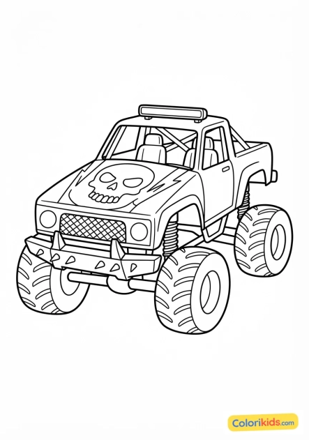 Coloriage à imprimer : monster truck avec un énorme crâne dessiné sur le capot