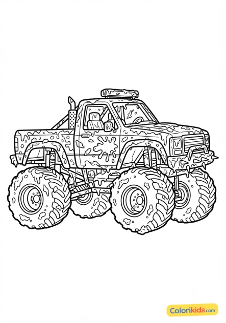 Coloriage à imprimer : monster truck marron boueux tout juste sorti de la piste