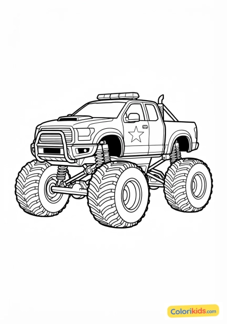 Coloriage à imprimer : monster truck blanc style camion de police musclé