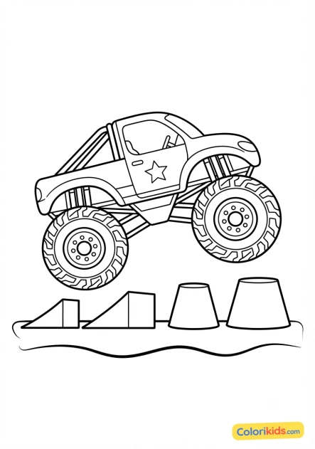 Coloriage à imprimer : monster truck vert fluorescent sautant par-dessus des obstacles