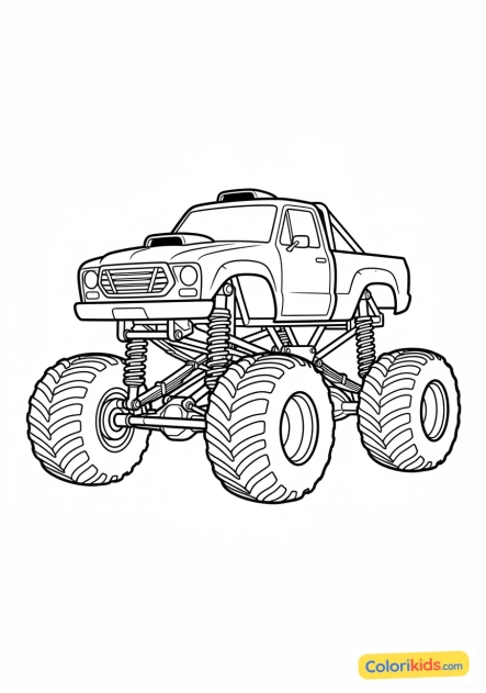 Coloriage à imprimer : monster truck orange avec des suspensions géantes apparentes