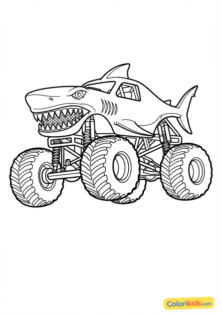 Coloriage à imprimer : monster truck style requin avec des dents acérées