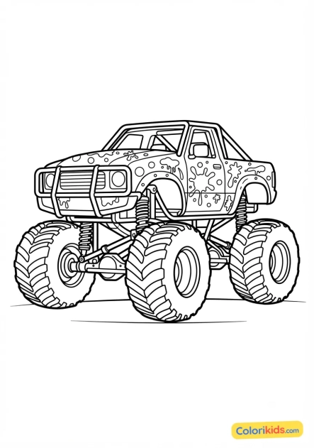 Coloriage à imprimer : monster truck turquoise avec des éclaboussures de peinture