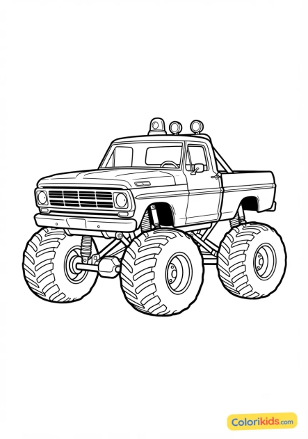 Ausmalbild zum Ausdrucken: zweifarbiger rot-weißer Vintage-Monstertruck