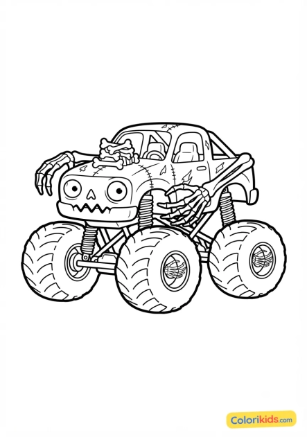 Coloriage à imprimer : monster truck vert zombie avec des mains de squelette