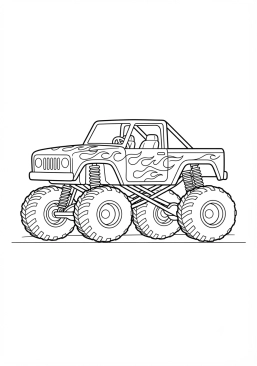 Voir le coloriage Monster truck jaune vif avec un motif de flammes