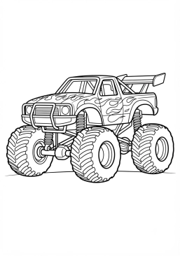 Voir le coloriage Monster truck rouge feu avec un aileron arrière sportif