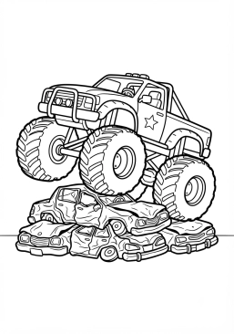 Voir le coloriage Monster truck rouge géant écrasant des voitures