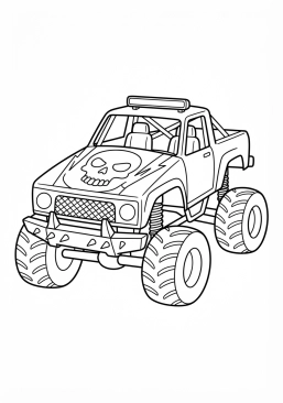 Voir le coloriage Monster truck avec un énorme crâne dessiné sur le capot