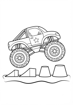 Voir le coloriage Monster truck vert fluorescent sautant par-dessus des obstacles