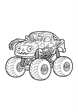 Voir le coloriage Monster truck vert zombie avec des mains de squelette