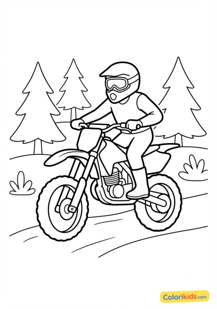 Ausmalbild zum Ausdrucken: motocross-Maschine in einer Waldlandschaft
