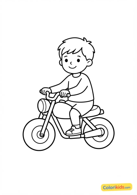 Ausmalbild zum Ausdrucken: kleiner Junge auf einem Spielzeugmotorrad