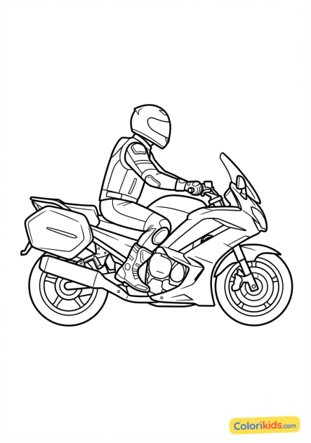 Desenho para colorir para imprimir: moto com condutor em equipamento completo