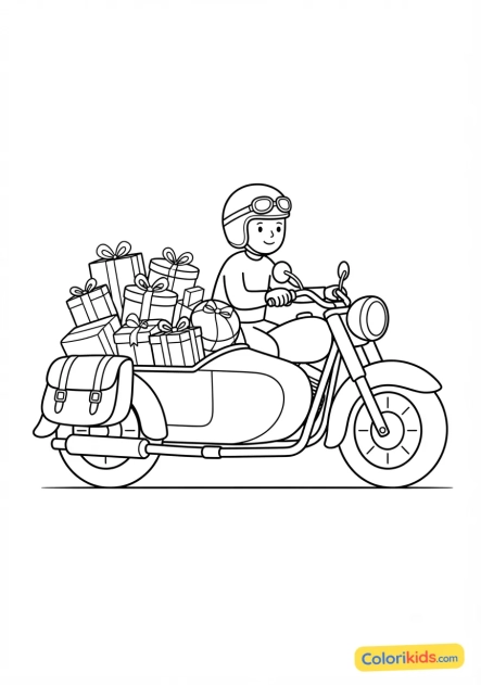 Ausmalbild zum Ausdrucken: motorrad mit Geschenken gefüllten Packtaschen