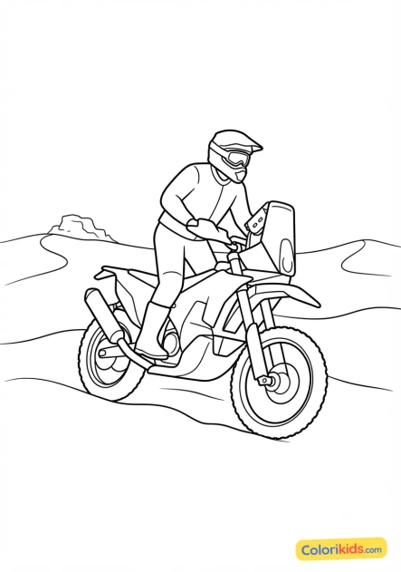 Desenho para colorir para imprimir: moto de rally raid no deserto