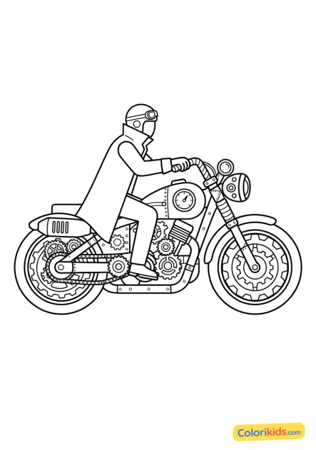 Dibujo para colorear para imprimir: moto estilo steampunk con engranajes