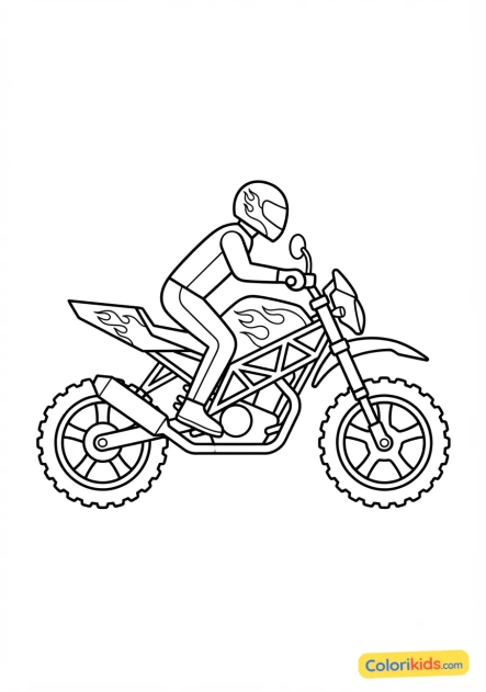 Desenho para colorir para imprimir: moto de dublê com chamas desenhadas