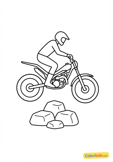 Ausmalbild zum Ausdrucken: trial-Motorrad springt über Felsen