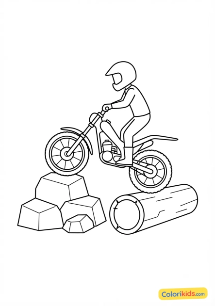 Ausmalbild zum Ausdrucken: trial-Motorrad auf einem Hindernisparcours