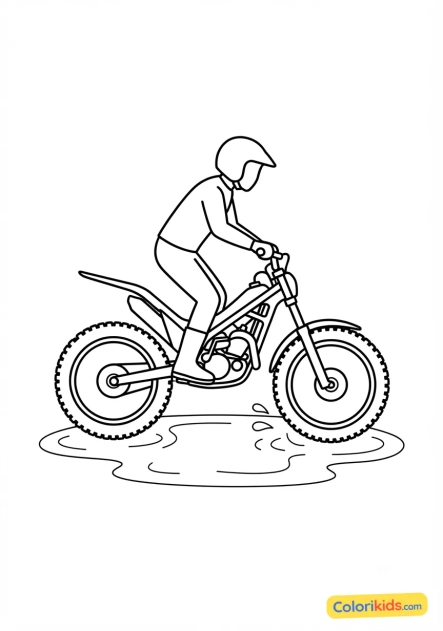 Ausmalbild zum Ausdrucken: trial-Motorrad fährt durch eine Pf、tse
