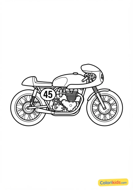 Ausmalbild zum Ausdrucken: klassisches Rennmotorrad mit Nummer