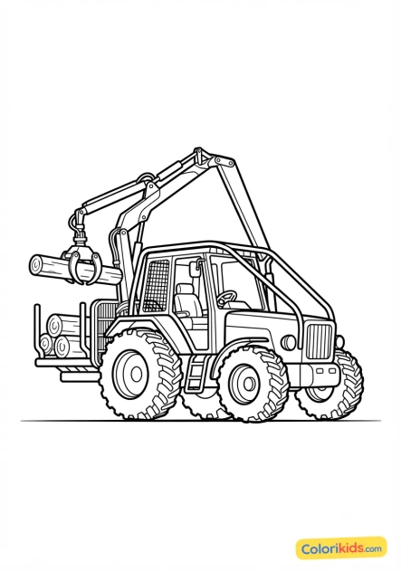 Coloriage à imprimer : tracteur forestier avec une grue de chargement