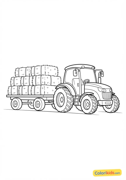 Coloriage à imprimer : tracteur moderne avec une remorque pleine de foin