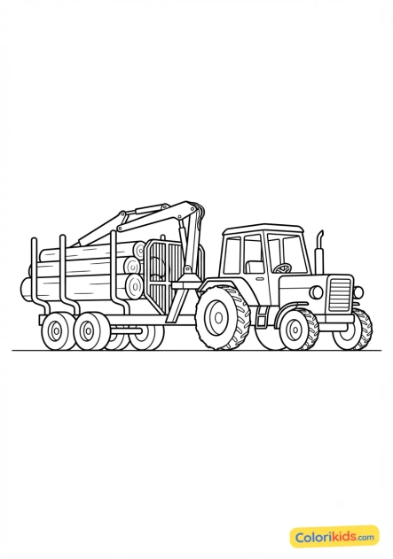 Coloriage à imprimer : tracteur avec une remorque forestière