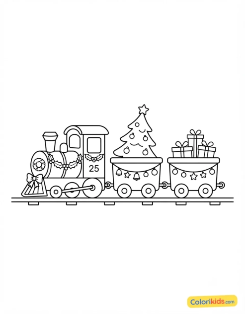 Desenho para colorir para imprimir: trem de Natal com guirlandas