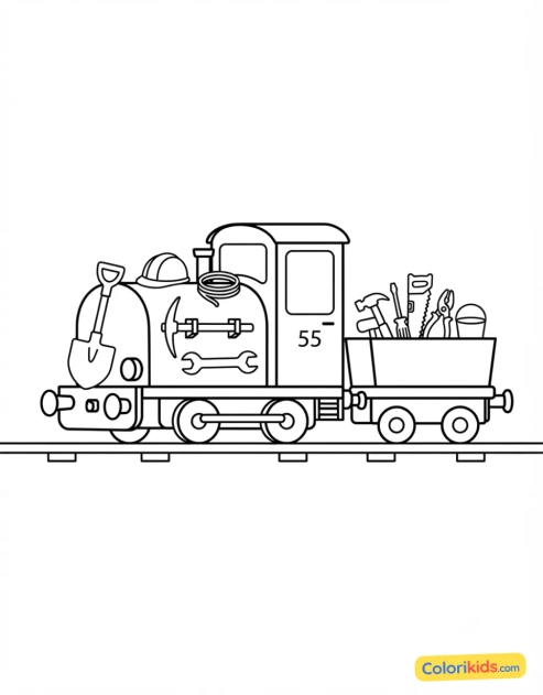 Desenho para colorir para imprimir: locomotora de construção com ferramentas