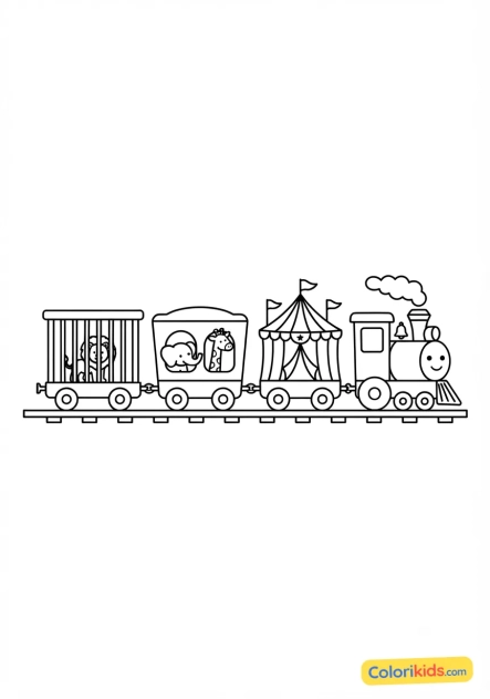 Ausmalbild zum Ausdrucken: lokomotive zieht Zirkuswaggons