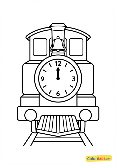Ausmalbild zum Ausdrucken: lokomotive mit Uhr an der Front